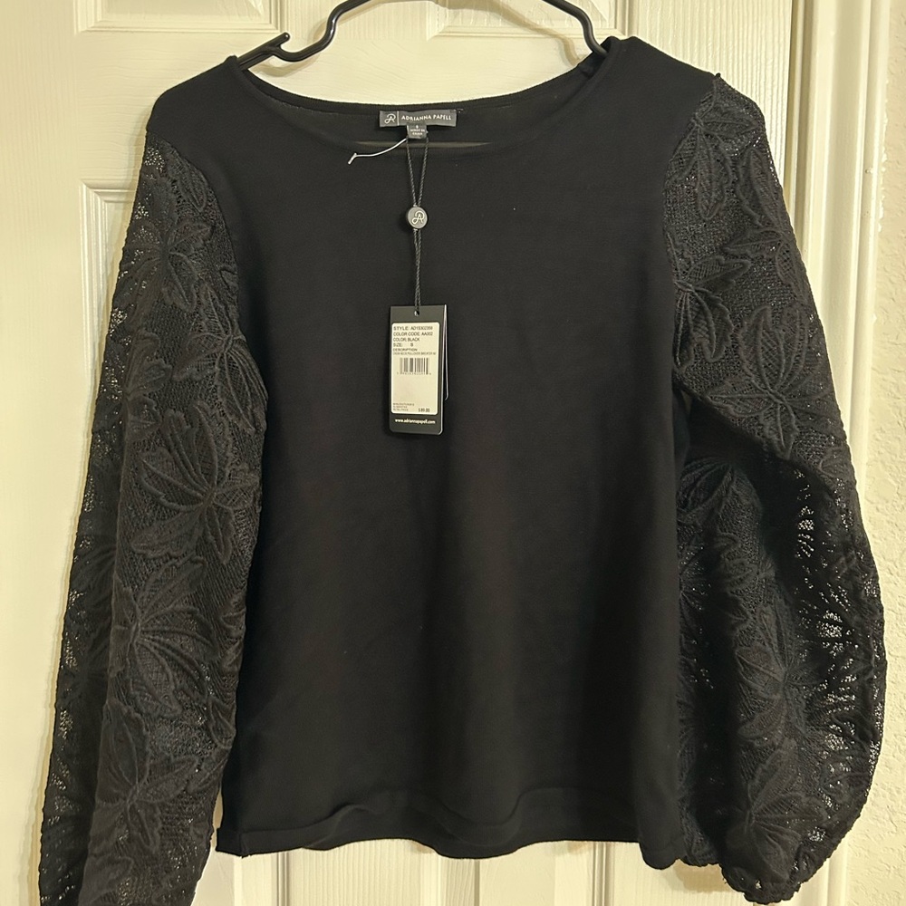 Adrianna Papell Black Embellished Boxy Long Sleeve Blouse